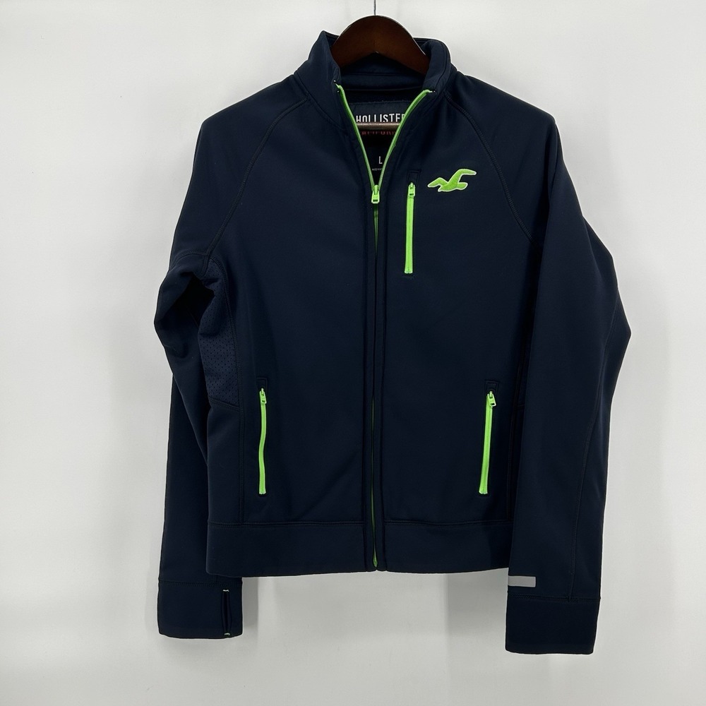 Hollister Mens L Athletic Full Zip Jacket‎ Navy Fleece Lined Thumb Holes Neon